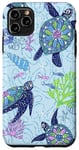 Coque pour iPhone 11 Pro Max Tortue de mer mignonne florale bleue corail et coquillages