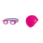 Zoggs Kids' Ripper Junior Swimming Goggles Anti-fog And UV Protection, Pink, Purple, Tint, 6-14 Years & Stretch Swimming Cap, Pink, One Size