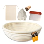 DoughPro Proofing Basket 25cm Round Banneton Bread Proofing Basket Set Natural Rattan Cane 10 inch Proving Basket for Sourdough and Bread, Including Scraper, Linen Cover and Bamboo Bristle Brush