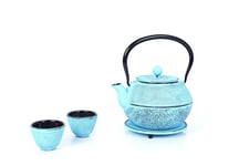 ECHTWERK Service à thé en fonte, théière 1,1 L avec passoire amovible, théière avec soucoupe, set de théières au design vintage pour la préparation de thé en vrac, bleu clair