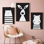 DIY Diamond Painting Cute Black and White Cartoon Rabbit Hippo Animal Painting Art Picture Mural Children's Bedroom Decoration 3 Pieces.
