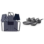 Tower Cerastone Non Stick Frying Pan and Saucepan Set, Induction - 5 Piece with Penguin Home Apron, Double Oven Glove and 2 Kitchen Tea Towels Set - NAVY/White
