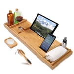 JOSKEL Wooden Bath Tray, Foot Brush and Soap Dish- Bath Caddy Wood with Extendable Bath board, Wine Glass Stand, IPad Holder for a Home-Spa Experience.(75cm enclosed,110cm extended) (Natural)