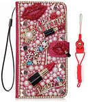 HFICY for Samsung Galaxy A12 Case with Screen Protector for Women Girls,Bling Girls Leather Filo Slots Stand Wallet Flip Protective Case Phone Cover & Neck Strap (Red sexy lipsticks flowers)