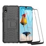 HAOTIAN Case for Xiaomi Redmi 9AT / Redmi 9A Case and 2 Screen Protector, Rugged PC/TPU Double Layer Hybrid Armor Cover, Anti-Scratch PC Back Panel + Shockproof TPU Inner + Foldable Holder. Black