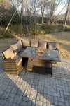 Outdoor Rattan High Back Sofa Set Gas Fire Pit Dining Table Gas Heater Burner 6 Seater