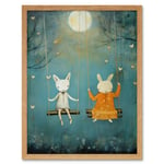 Rabbits on a Swing with Moonlit Butterflies Calming Baby Nursery Artwork Art Print Framed Poster Wall Decor 12x16 inch