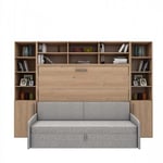 Lit escamotable horizontal canapé avec surmeuble et 2 armoires demi-porte MULTIMO couchage 140x200cm chêne