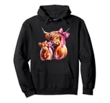 Cute Baby Scottish Highland Cow and Calf Pink Coquette Pullover Hoodie