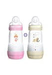 MAM - Biberons Easy Start anti-colique 2+ mois (2 x 260 ml) Rose & Blanc – Lot de 2 Biberons avec tétine en silicone débit 2 vitesse moyenne – pour bébé avec base aérée anti-colique