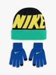 Nike Kids' Wordmark Colourblock Beanie & Gloves Set, Multi
