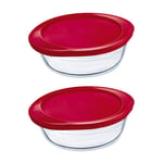 Pyrex O'Cuisine Borosilicate Glass Oval Dish Container with Plastic Lid 2.3 Litre Red (Pack of 2)