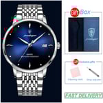 POEDAGAR Ultra Tunna Män Quartz Armbandsur Vattentät Lyx Märke Lysande Watch Man Rostfritt Stål Casual Gåvor blue and box