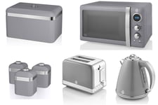 SWAN Retro Grey Jug Kettle 2 Slice Toaster Microwave Bread Bin Canisters Set