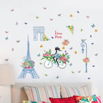 Xinuy - Un lot de Stickers Muraux fille en vélo fleurs papillons Paris Autocollant Décoratif, Décoration murale pour Chambre Salle de Bain salon