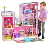 KidKraft Uptown Wooden Dolls House with Furniture and Accessories Included, 3 Storey Play Set with a Cat and Pool and Patio Set for 12 Inch / 30 cm Dolls, Kids' Toys, 65833