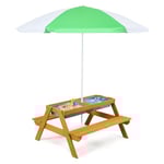 GOPLUS Table Enfant avec Banc et Parasol, 3 en 1 Banc Convertible avec Plateau Amovible et 2 Boîtes de Rangement, Table d’Activité en Bois pour Extérieur, Jardin (Vert+Blanc)
