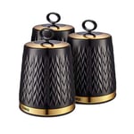 Tower T826091BLK Empire Set of 3 Storage Canisters for Tea Coffee Sugar, 1.3L, Black and Brass