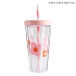 XWHKX 430Ml Plastic Cup Kettle Ice Coffee Juice Milk Drink Bottle Summer Cool Double Layer Couple Transparent Straw Cup