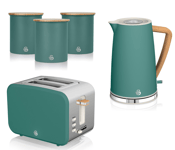 Swan Nordic Green Kettle 2 Slice Toaster & Canisters Matching Kitchen Set of 5
