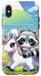 Coque pour iPhone X/XS Kawaii Raccoon on Unicorn Daydream