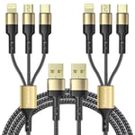 Lot de 2 cables de charge multi-USB 3 en 1 - En nylon universel - 1,25 m - Avec cable USB de type C - Cable micro USB iP pour phone, Huawei, Xiaomi, Samsung, tablette