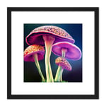 Fantasy Magic Mushrooms Vibrant Colour Fungi Modern Illustration Square Wooden Framed Wall Art Print Picture 8X8 Inch