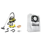 Bundle of Kärcher 1.628-378.0, WD 6 P Premium Wet & Dry Vacuum Cleaner, Yellow, 1300 W, 30 liters + Kärcher Original Fleece Filter Bag KFI 487: 4 pieces, 2-ply, extremely tear-resistant and robust