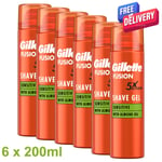 6 x 200ml  Gillette Fusion 5 Shaving Gel Sensitive With Almond Oil Shave Pack