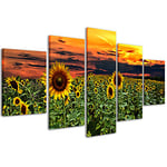 Impressions sur toile Tournesols Paysage 138 tableaux modernes coucher de soleil en 5 panneaux déjà montés, prêt à être accroché, 200 x 90 cm