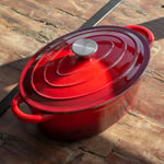 Cast Iron Casserole Dish with Lid Oval 29cm Red Cream Oven Hob Large Baking Pan