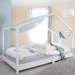 roba Lit cabane 90 x 200 cm pour enfants - Lit au sol selon le principe Montessori - Extensible avec sommier à lattes, matelas et housse de lit cabane - Bois laqué blanc