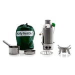 'Trekker' Kelly Kettle® BASIC KIT - in Stainless Steel (0.6 liter Kettle + Green Whistle + Steel Cook Set + Steel Pot/Base Support) | Boil Water & Cook Fast Outdoors | Camping Kettle and Wood Fueled Camp Stove in one | Ultra fast | Lightweight | No Batter