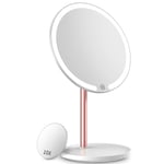 Kostlich Lighted Makeup Mirror - Rechargeable LED Tabletop Vanity Mirror with 10X Magnification Mini Cosmetic Mirror - 3 Color Lights Dimming, Touch Sensor, Portable Mirror for Travel
