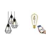 Eglo Vintage Pendant Light Tarbes, Retro and Industrial Hanging lamp with 3 E27 Connect.z Smart Home LED Light Bulbs, dimmable Lighting Made of Black Steel, Ø 12 inches, Warm White – Cool White