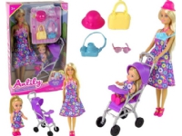 Baby doll with baby in stroller + accessories