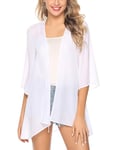 Irevial​​ Cardigan D'été Femme Manches 3/4 Boléro élégant en Mousseline de Soie Kimono Châle Chic pour Femme Cache-Maillots et Sarongs Blanc，M