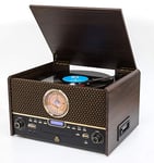 GPO Chesterton DAB Record Player Retro 7-in-1 Music Centre with Vinyl Turntable, CD Player, USB, FM Radio, DAB Radio, Cassette Player, AUX IN and Built-In Speakers-Wood Finish