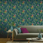 Arthouse Deco Tropical Geometric Wallpaper Navy 908003 Metallic Birds Leaves