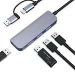 Dobbel USB-C og USB-A Hub med 1 USB3.0-port og 3 USB2.0-porter