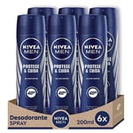 NIVEA MEN Protège & Soin Spray en pack de 6 (6 x 200 ml), Déodorant pour homme avec une protection maximale 48 heures, Spray anti-transpirant de soins masculins, 0% alcool