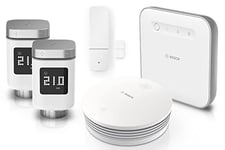 Bosch Smart Home starter set for smart control of the room climate and reliable alarming, 2x radiator thermostat II, 1x door/window contact II, 1x smoke detector, 1x controller