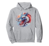 blue and red mythical fierce Asian dragon roaring anime art Pullover Hoodie