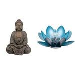 Design Toscano Bouddha Méditatif du Grand Temple Statue de Jardin, Moyen 66 cm, polyrésine, Pierre Grise & Dehner Lotus Lampe solaire en métal Argenté/Bleu Ø 27,5 cm Hauteur 12 cm