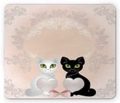 Animals Mouse Pad, Cat Holding Hearts Bowknot Eyes Background with Flowers Leaves Medallion Art, Standard Size Rectangle Non-Slip Rubber Mousepad, Peach Black White