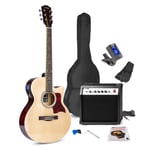 Max ShowKit Electro-Acoustic Guitar Pack, Full Size with 40 Watt Combo Amplifier, Steel String Set, Gig Bag, Strap, Picks and Digital Tuner Beginners Kit, Cut Away Natural