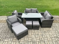 PE Rattan Garden Furniture Set Height Adjustable Rising lifting Dining Table With Love Sofa Chair 3 Footstools
