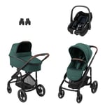 MAXI COSI Essential Green Pebble Black Plaza Plus barnvagn inkl. bilbarnstol S Tonal och babyadapter Black