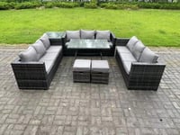 Rattan Outdoor Furniture Lounge Sofa Garden Dining Set with Dining Table Side Table 2 Small Footstools