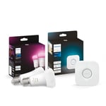 Philips Hue White and Color Ambiance, Kit de démarrage 2 ampoules connectées E27 équivalent 60W, compatible Bluetooth et pont de connexion, compatible Alexa et Google Home